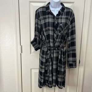 BLL Nyc Woman’s Large Black White Plaid Dress Button Front Tie Belt Pocket New